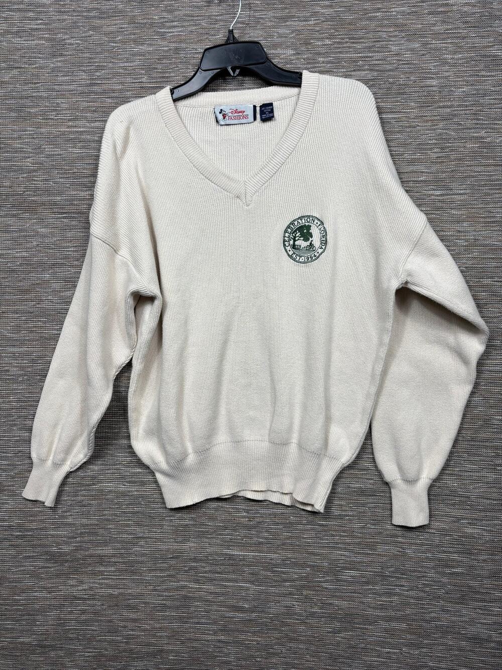 VTG Disney Fashions Sweater Mens XL White VNeck Mickey Mouse Pullover 80s